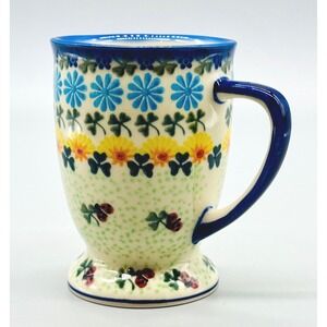 Vena Polish Pottery Pedestal Coffee Mug Ladybug in Clover Unikat Artisan Table